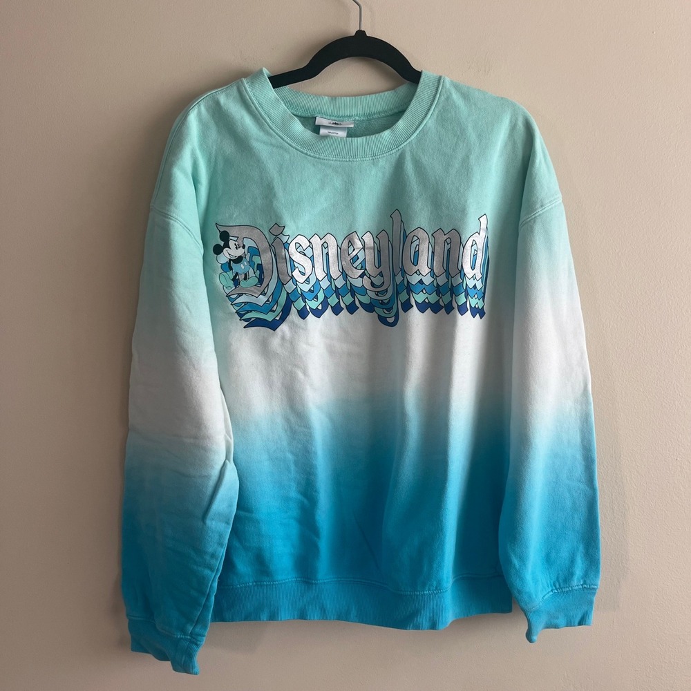 Disney Parks Disneyland Ombre Crewneck Sweatshirt Size L Teal Blue Retro Graphic